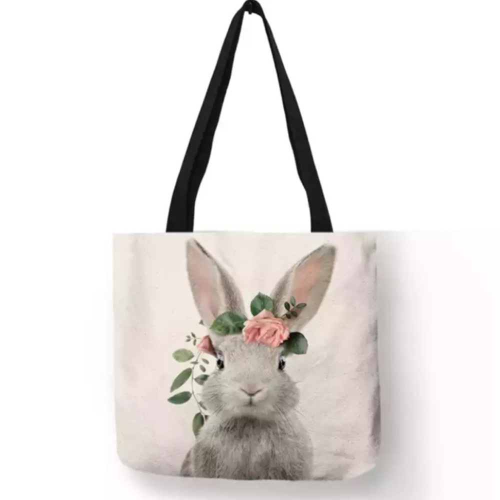 Eco-Friendly Bunny with Flowers Folding Tote Bag